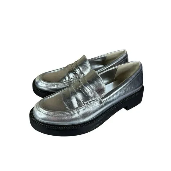 Zara Silver Metallic Loafers Platform Chunky Sole Faux Leather Shoes 37 6.5 - Picture 5 of 8